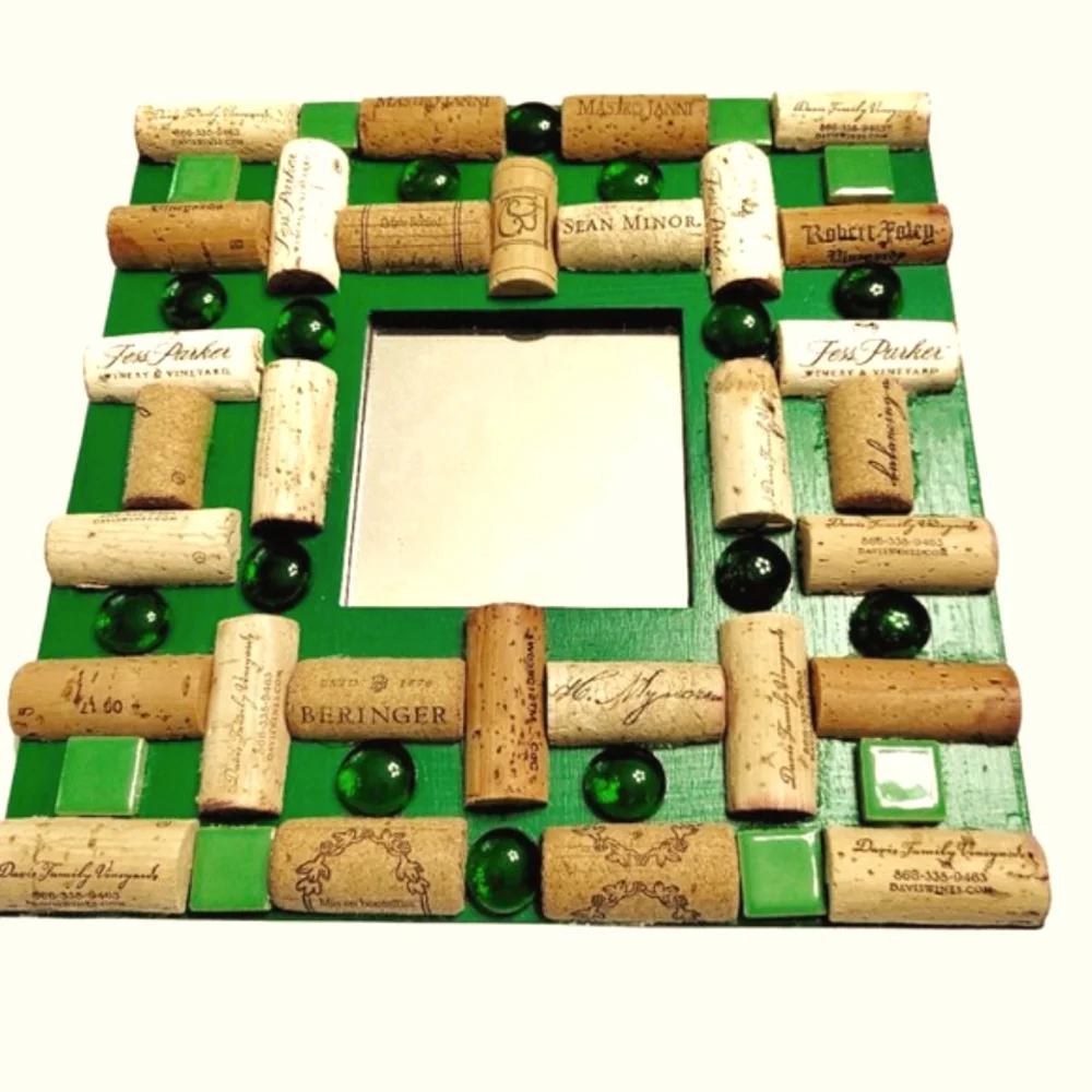 Green Round Cabochons Glass Mirror Decor with Wine Cork-NWT-Handmade